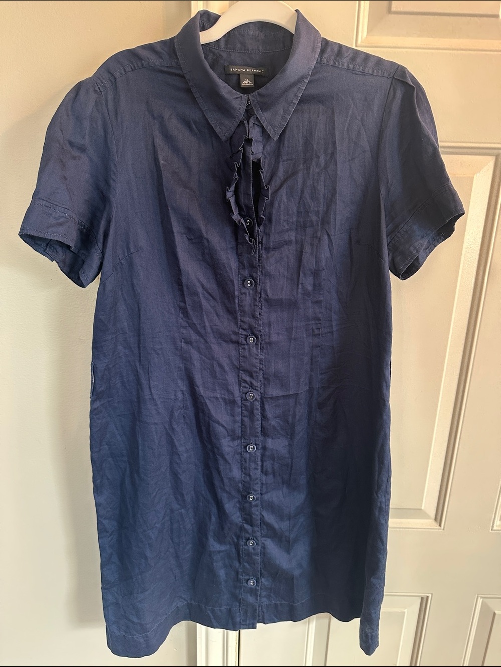 Banana Republic Navy Short-Sleeve Button-Front Ruffle Midi Dress